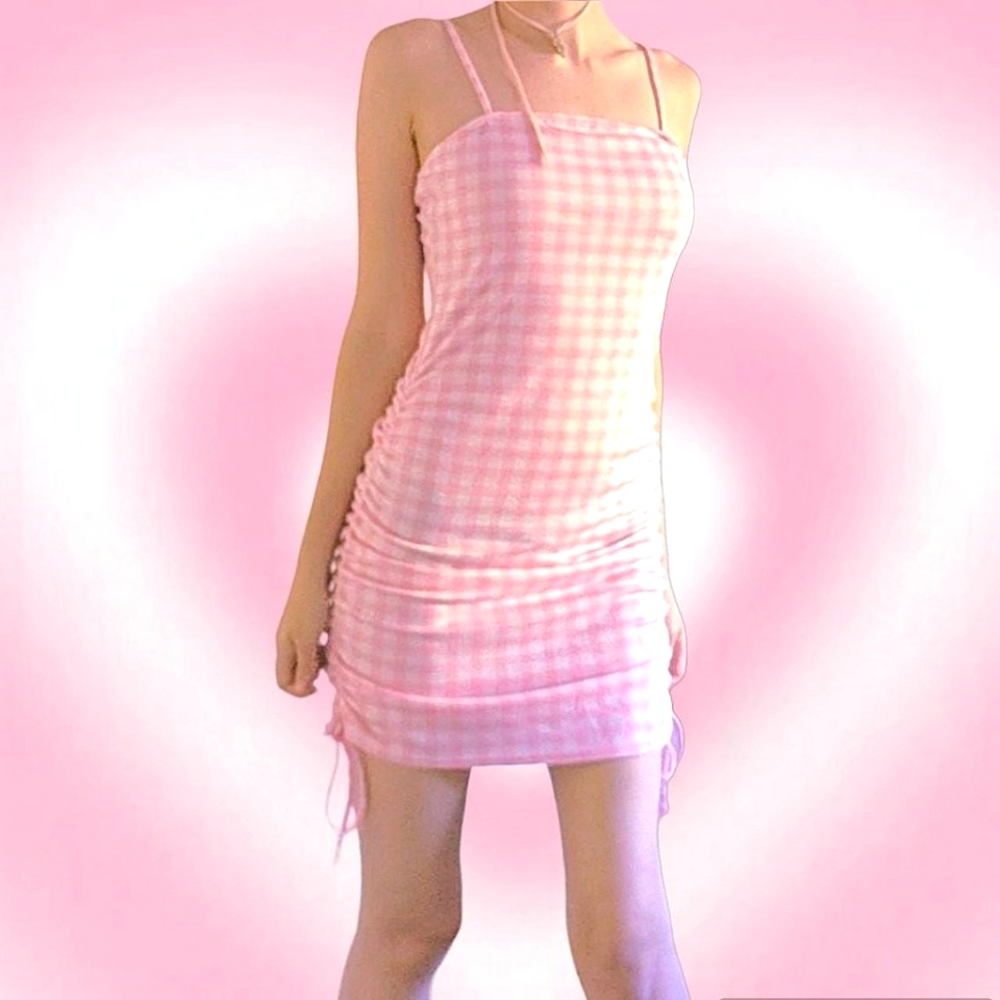 Coquette Balletcore Babydoll Pink and White Plaid Gingham Bodycon Camiso…